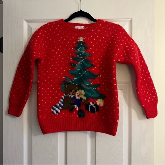 Size Kids L Vintage Deans of Scotland Wool Christmas Sweater with Tree and Bear - Picture 1 of 4